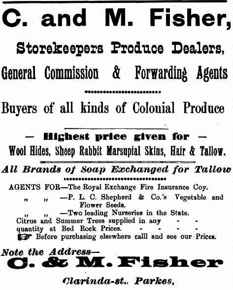 Back to Business! In 1912 Con Fisher was Mayor of Parkes. Here is an advertisement for his business, which includes a range of goods that no longer are as widely available today. Sheep, rabbit and marsupial skins have fallen out of favour for modern consumers. Tallow had many uses from livestock feed, making soap and candles and could even be used as engine lubrication. It could be used as an alternative to other oils in deep frying - until 1990 McDonald's restaurants cooked their French fries in a mixture of tallow and cottonseed oil! Source: The Western Champion March 20, 1913 page 4