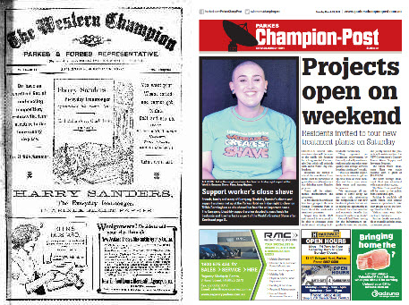 Front page comparison of The Western Champion and its contemporary version Parkes Champion Post. In 1913 the entire front page were advertisements in black and white. The front page of 2018 is in colour, has photographs (not just images) and contains two important stories - Currajong Disability Service support worker, Trilbie Bermingham who has shaved her head to raise money for cancer research; and open day at Parkes Shire Council's new Water Treatment Plant. Source: The Western Champion Thursday March 20, 1913 page 1 and Parkes Champion Post March 20, 2018 page 1