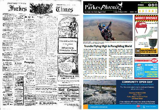 Another front page comparison between 1913 and 2018. The short-lived Forbes Times (in 1920 it was incorporated into The Forbes Advocate) contains a mixture of advertisements and public notices on its front page with correspondence from Calare candidate. The Parkes Phoenix has advertisments and notices in colour (web-based version, print version is black and white) and its main story is the history-making paragliding event held in Trundle. Source: The Forbes Times Wednesday March 19, 1913 page 1 and The Parkes Phoenix Friday March 16, 2018 page 1