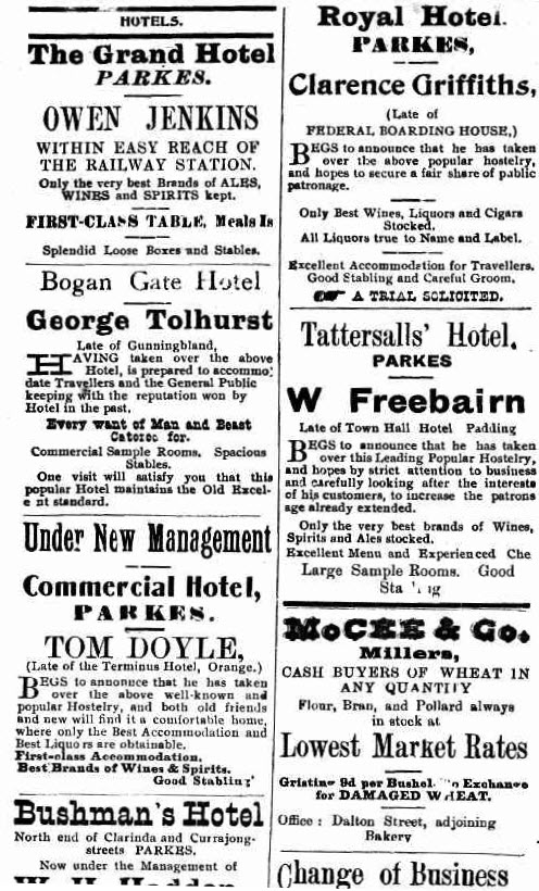 Some familiar businesses, some familiar names. Country towns usually have a selection of drinking holes, and Parkes is no different. With changes in management, the hotels all vie for the business of locals and visitors to the district. Source: Western Champion March 20, 1913 page 2