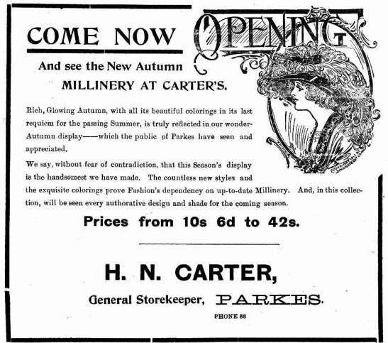 Another almost forgotten profession, a milliner not only sold hats but many made them in their store. This advertisement is for one of the general stores, Carter's, which was adding a millinery department. Source: The Western Champion 20 March, 1913 page 6