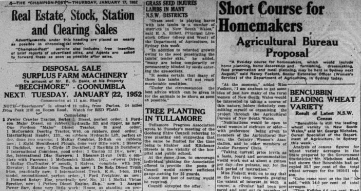While Parkes still has close ties to agricultural industry, the reading in current newspapers is very different from 1952. Mentioned here are the leading wheat variety, information about the agricultural bureau, clearing sales and tree planting in Tullamore. Source: Parkes Champion Post January 17, 1952 page 4