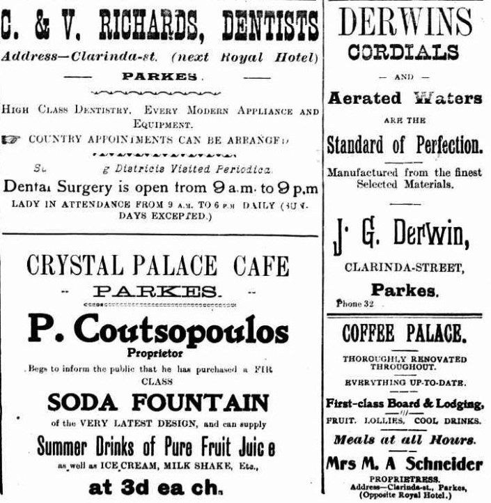 A selection of advertisements including for a local dentist, Crystal Palace Cafe, Coffee Palace and local cordial manufacturers of the time, Derwins. Source: The Western Champion March 20, 1943 page 34