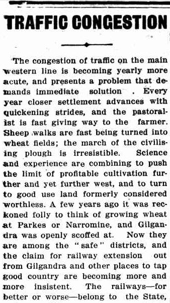 Modern readers might scoff at this headline from 1913, but traffic is a subjective matter. The improvements in science and agriculture meant formerly useless land was now being used to farm crops. Source: The Western Champion March 20, 1913 page 31