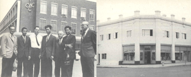 Two photographs from the "blue book". On the left, Central West County Council departmental heads Fred Morris, Bill Pavey, Norm McDonald and Frank Armstrong (chairman) with a group of touring Japanese students outside the CWCC headquarters in Clarinda Street in the mid 1960s. On the right, CWCC headquarters in the original Mazoudier Building on the corner of Clarinda and Church Streets in the early 1950s. Source: Tindall, R. (1983) page 82