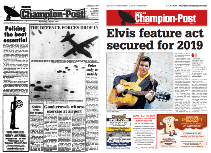 Front page comparison of Parkes Champion Post then and now. 1990 contained a few main stories - including one where three RAAF Hercules dropped 60 paratroopers into Parkes. The contemporary newspaper shows that plans for the annual Elvis Festival are well underway for 2019. Source: Parkes Champion Post Wednesday May 16, 1990 and Parkes Champion Post Tuesday May 15, 2018