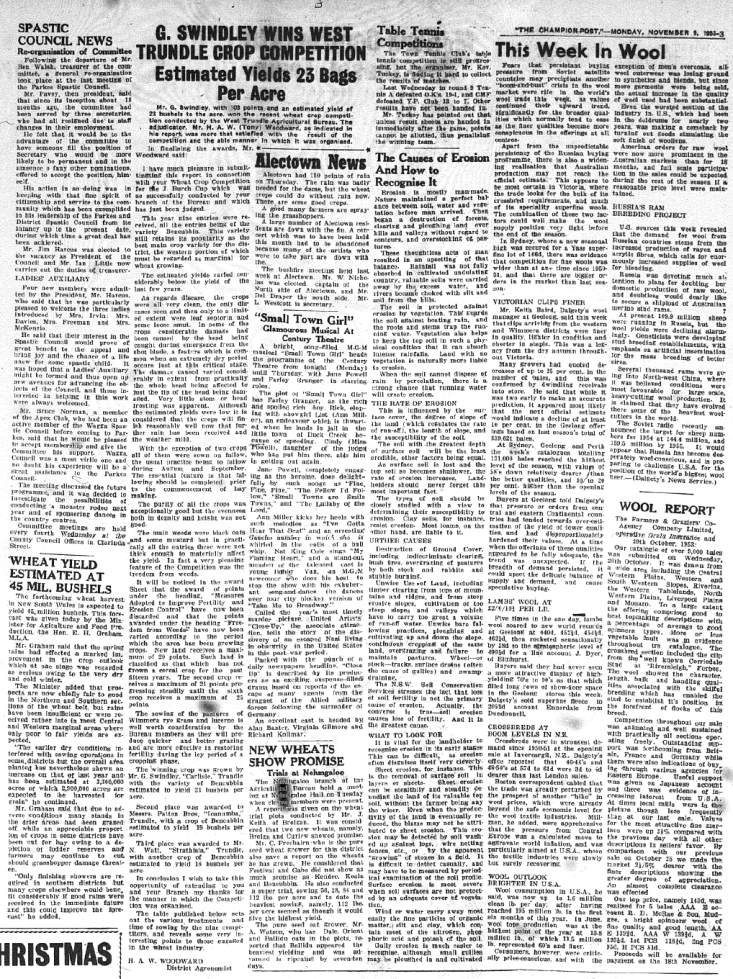 In 1953 the newspaper provided vital information to a town that depended on agriculture as its primary industry. Listed here are information about the West Trundle Crop Competition (won by Mr G. Swindley with estimated yield of 23 bushels to the acre); Alectown news (including grasshoppers); this week in Wool; and a meeting of the Nelungaloo branch of the Agricultural Board to discuss new wheat trials. Source: Parkes Champion Post Monday, November 9, 1953 page 3