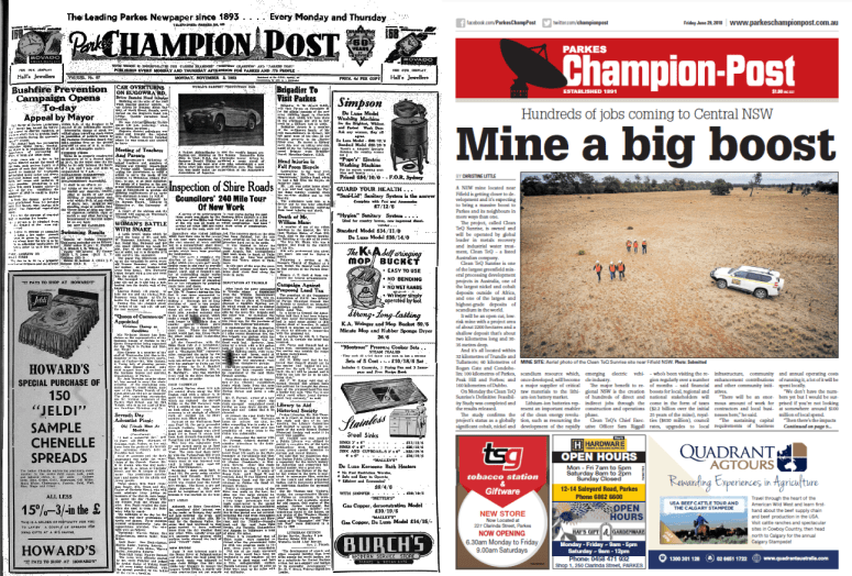 Front page comparison of Parkes Champion Post in 1953 and 2018. In 1953 the front page was very text heavy, with few pictures as well as in black and white. 2018 newspaper front page is in colour with a main picture from one story - Clean TeQ Sunrise mine project opening soon at Fifield. In 1953 the reports were on Mayor Bushfire Prevention Appeal; Brigadier Arnott's visit to Parkes; inspection of Shire Roads and an image of the then fastest production car, the British Austin-Healey. Source: Parkes Champion Post Monday, November 2, 1953 and Parkes Champion Post Friday June 29, 2018
