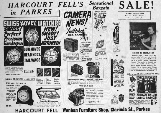 Harcourt Fells quality timepieces were in stock at Wenban Furniture Shop. They included novel watches with amazing detail and moving parts, box cameras and storm-proof lighters amongst other items. Source: Parkes Champion Post Monday, November 2, 1953 page 3