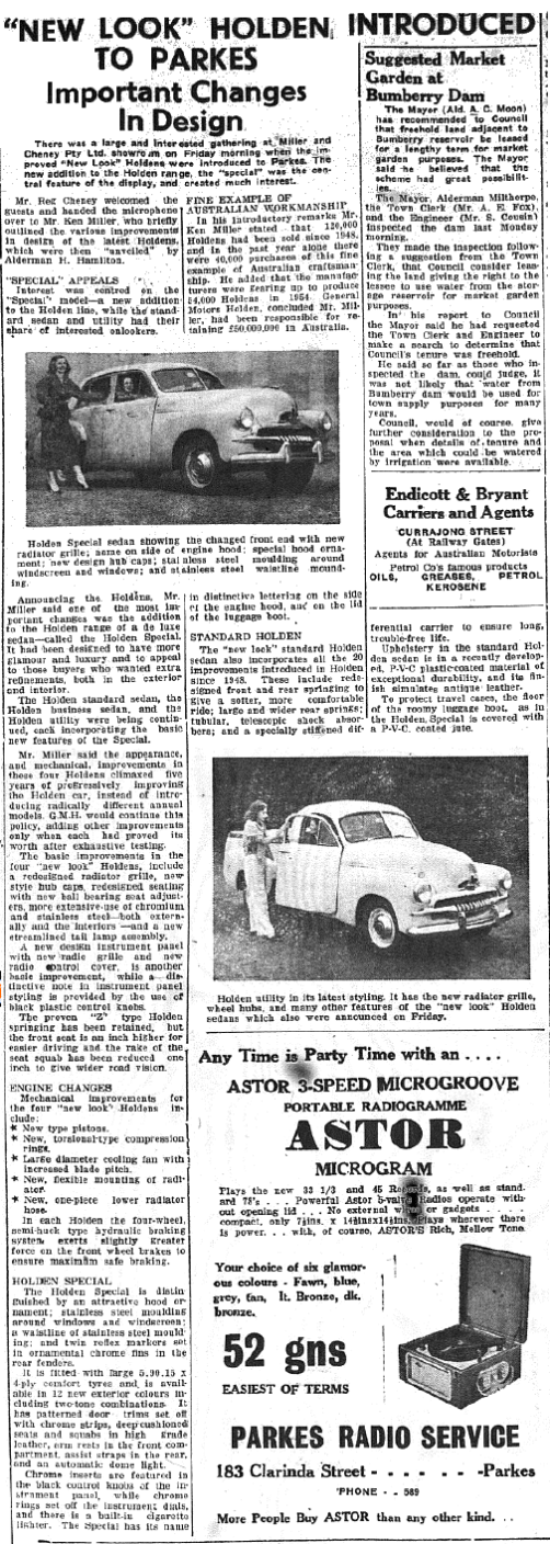 A new look to Holden - the "special" was introduced to Parkes car enthusiasts at local showroom of Miller and Cheney Pty Ltd. It was hailed as a "Fine Example of Australian Workmanship". Source: Parkes Champion Post Thursday November 5, 1953 page 9