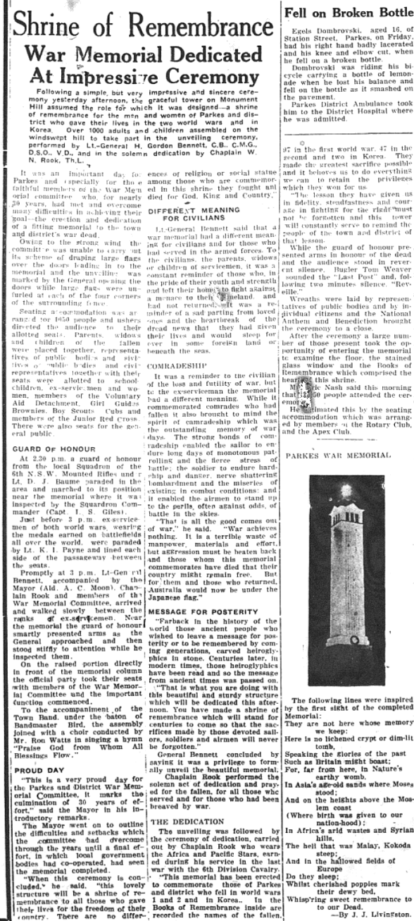 An iconic part of town, the Shrine of Remembrance on Memorial Hill was opened on Sunday November 22nd. A simple yet impressive ceremony was held on Monument Hill (now called Memorial Hill) and gave us a location for one of the most important ceremonies in the calendar year - dawn service on ANZAC Day. Source: Parkes Champion Post Monday, November 23, 1953 page 1