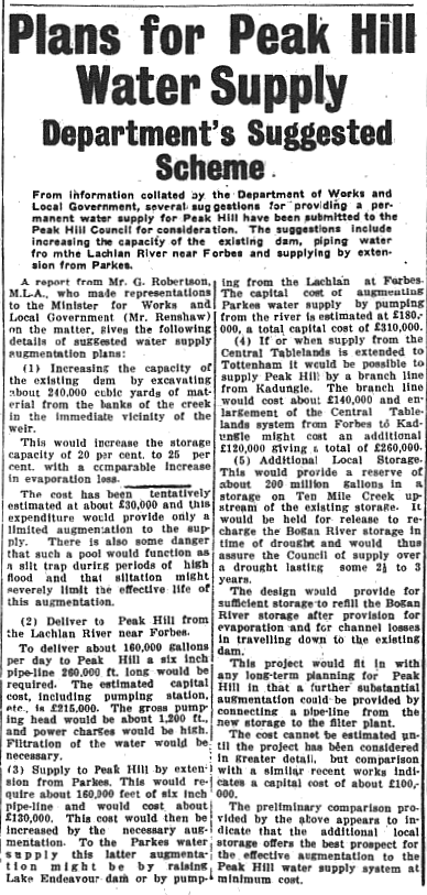The Department of Works and Local Government made several suggestions for providing permanent water supply to the residents of Peak Hill. Source: Parkes Champion Post Monday, November 9, 1953 page1