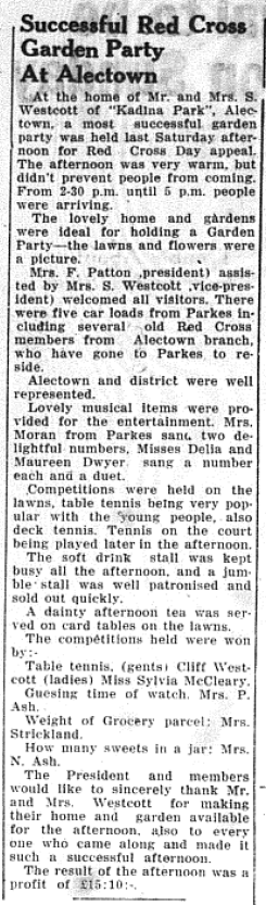 The Parkes Shire has a long history of generosity and this article highlights this again. "Kadina Park", Alectown - home of Mr and Mrs S. Westcott - hosted a garden party to raise funds for the Red Cross appeal. Source: Parkes Champion Post Thursday, November 19, 1953 page 6