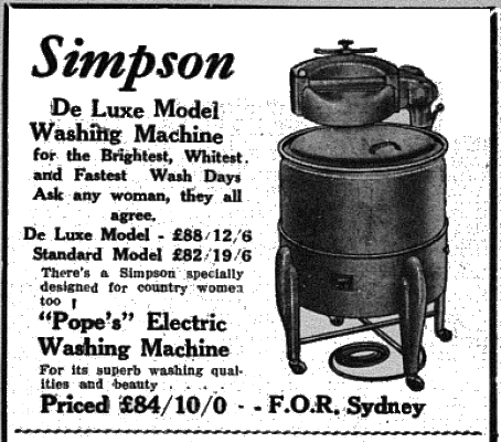 This De Luxe Model washing machine, made by Simpson, was the latest in home appliances in November 1953. Modern readers may find it awkward when reading the line "Ask any woman, they all agree," but in 1953 washing was seen as work undertaken by women. This washing machine was being advertised by local department stores, Burch's, who had locations in Parkes and Bogan Gate. Source: Parkes Champion Post Monday, November 2, 1953 page 1