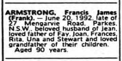 Obituary of Francis James Armstrong listed in the Death Notices of Sydney Morning Herald, Monday, June 22 1992 page 29. Source: Ancestry website