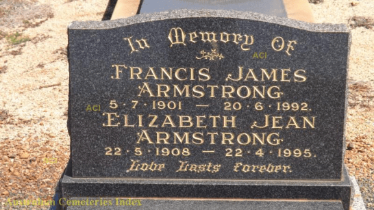 Both Frank and Jean are interred at Parkes Cemetery and this photograph of their headstone can be found on Australian Cemeteries Index website. Source: Photographed by Peter & Karen Patterson-Kane and uploaded to http://www.austcemindex.com/inscription?id=15524495