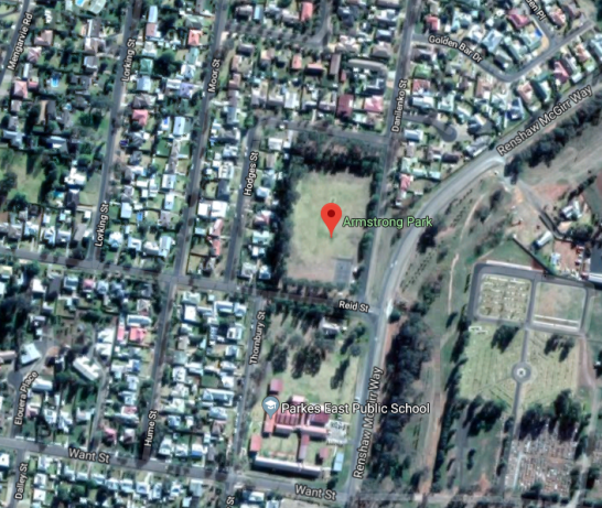 Armstrong Park is located on the eastern side of Parkes. which is opposite the block of land that Frank bought in 1951. Source: Google Maps
