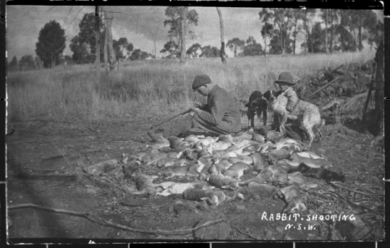 Photograph taken by Albert Berthold "Bert" Unger of his brother-in-law Carl "Otto" Salan and his eldest son Herb Unger (Len's eldest brother) after shooting rabbits on the "Rocky View" property. Source: State Records
