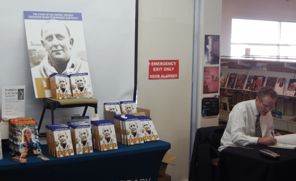 Author and keynote speaker Ken Piesse busy signing copies of his latest cricket book. Photograph by Dan Fredericks (Parkes Shire Library) taken on November 16th, 2018