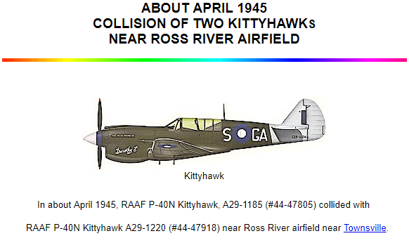 Image of a Kittyhawk,with accompanying information about the collision of two Kittyhawks that resulted in the deaths of the two pilots. One of those pilots was Keith Henry Kearney. Source: Ozatwar website https://www.ozatwar.com/aboutapr45.htm