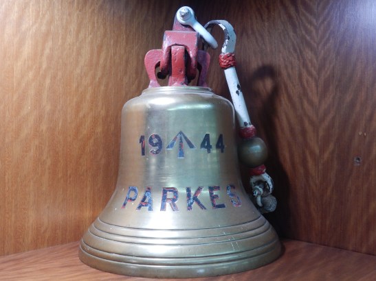 The bell of HMAS Parkes, given to the people of Parkes and now in its home at Parkes Shire Library. Photograph by Dan Fredericks (Parkes Shire Library) taken on February 14, 2019