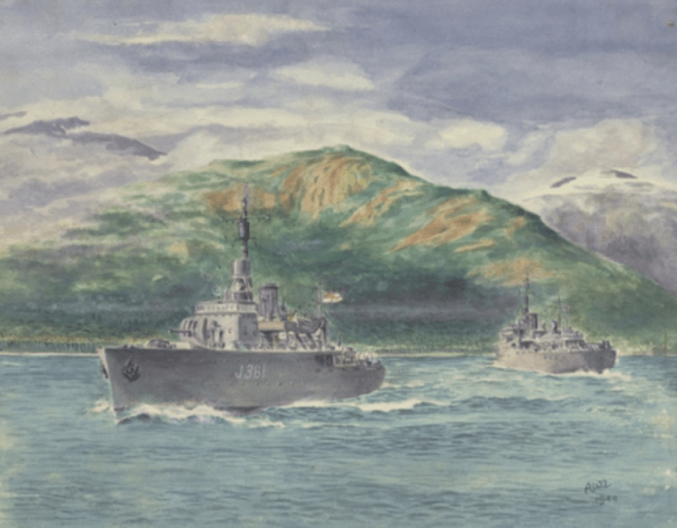 HMAS Parkes, in the foreground, skirts around the New Guinea landscape. Source: Royal Australian Navy website