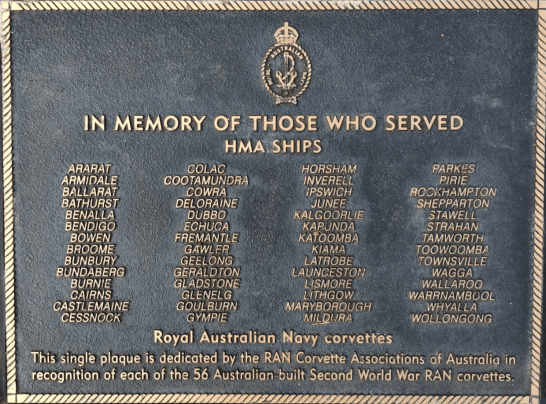 A commemorative plaque for all 56 Australian-built Second World War RAN corvettes. Source: Royal Australian Navy website