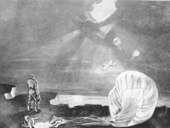 David Smith, formerly of No.149 Squadron RAF, painted this scene depicting one of Middleton's crew members watching the last moments of the Stirling bomber and its pilot. The two parachutes were of Mackie and Jeffery whose bodies floated ashore after they had drowned. An image of this painting can be found in Stuart Bill's book on page 138. Source: News.com.au website