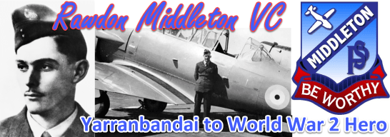 Images source: (left) Portrait of 402745 Flight Sergeant (later Pilot Officer) Rawdon Hume Middleton VC, RAAF, attached to No. 149 Squadron RAF from Australian War Memorial website; (centre) UK. C. 1942. Portrait of 402745 Flight Sergeant R. H. Middleton VC, taken while he was undergoing training from Australian War Memorial website; and emblem of Middleton Public School, taken from school website.