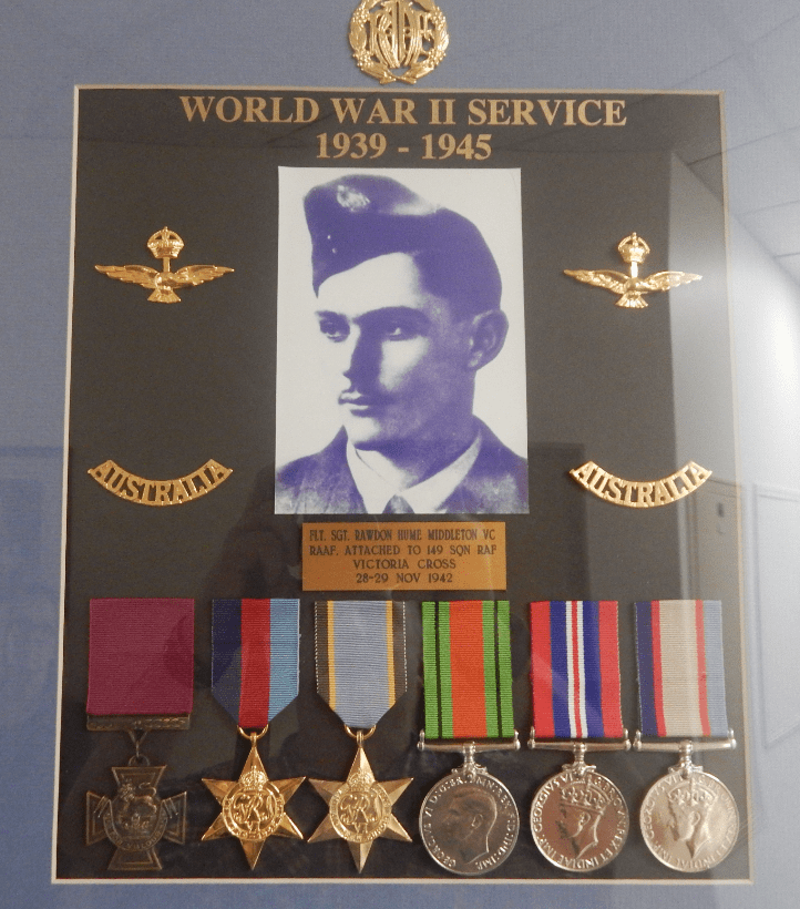 This display of Rawdon Middleton's war medals, outside of the Mayor's office in Parkes Shire Council building. Photograph by Dan Fredericks (Parkes Shire Library) taken on March 26, 2019