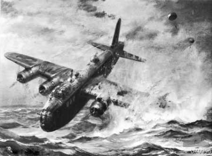 A replication of Charles R. Turner's water colour of Middleton's Stirling crashing into the sea with two parachutes in the background. A photograph of this painting can be found in Stuart Bill's book on page 138. The original is part of the Australian War Memorial's collection. Source: themdays website