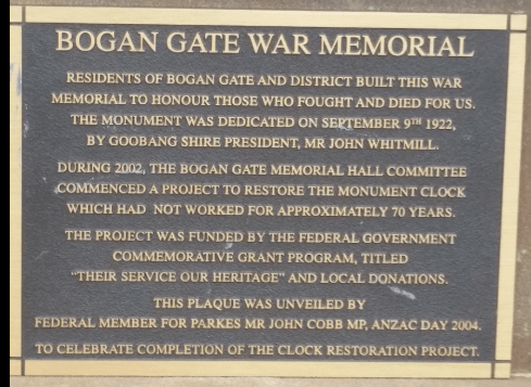 Close up photograph of one of the plaques on the Bogan Gate cenotaph. Source: War Memorial Register website