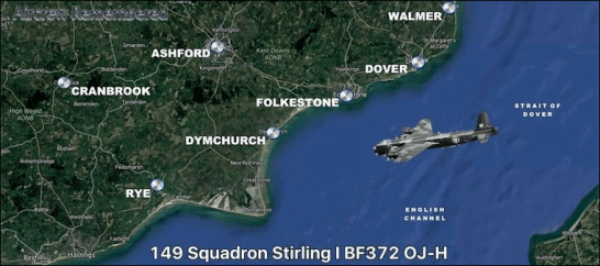 This map shows an approximation of Middleton's crash landing, as he was just off the coast from Dymchurch when his Stirland crashed into the sea. Source: Aircrew Remembered website
