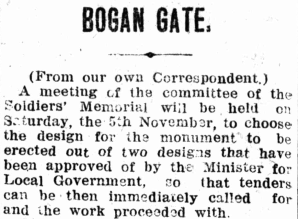 Newspaper reporting the latest updates on the soldiers' memorial for Bogan Gate. Source: Western Champion Thursday October 27, 1921, page 18