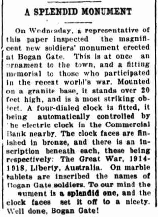 A splendid monument - a Forbes journalist is full of praise for the residents of Bogan Gate. Source: The Forbes Advocate Friday 1st September 1922, page 4