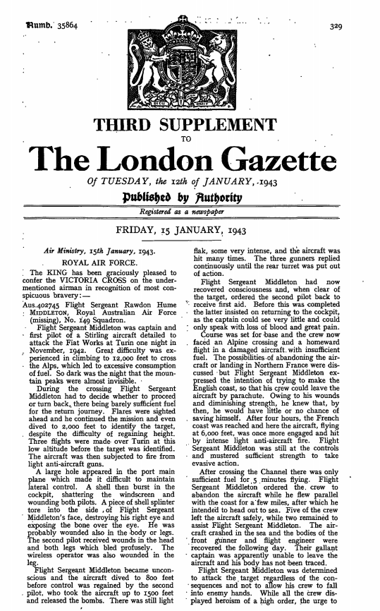 Announcing Middleonton's posthumous awarding of the Victoria Cross. Source: The London Gazette for January 12, 1943 page 329