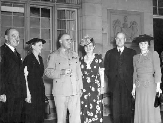 Photograph of Governor General of Australia, Mr W. J. McKell and Mrs McKell, Governor of N.S.W., Lt. General Northcott, Mrs Northcott, the Premier of N.S.W., Mr James McGirr, and Mrs McGirr at the state luncheon at Government House circa 1947. Source: State Library of Victoria Archives