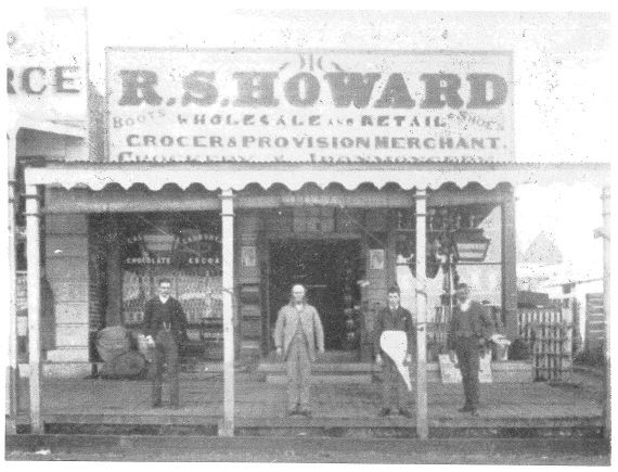Ian Chambers recorded that "The retailing sore of R S Howard & Sons was destined to grow from this single shop (established in 1871 as Wallis & Howard) to a multi-departmental emporium, the equal of any in country NSW, owned and operated by four generations of the Howard family. Owen J Howard, Robert Stephen Howard and S W Howard pose with a customer in this photograph taken about 1885" Source: Chambers, Ian (1988) p.32
