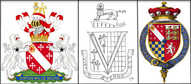 Family crests of the Howard Family through the years. (Left) Coat of arms of the Earl of Effingham, which was created in 1837 for Kenneth Howard, 11th Baron Howard of Effingham, named after the village of Effingham where the family manor was. Effingham is in the Borough of Guildford in county Surrey; (centre) The coat of arms for the modern Howard family drawn by Frank Stuart Howard in 1969 and featured on the order of service for the 150th Anniversary Service for the arrival of Robert Stephen and Maria Howard at Moreton Bay, Queensland 28 November 1862 (supplied by John Howard); and (right) the coat of arms of Sir William Howard, 1st Baron Howard of Effingham, KG. Sources: Wikipedia and John Howard's personal collection.