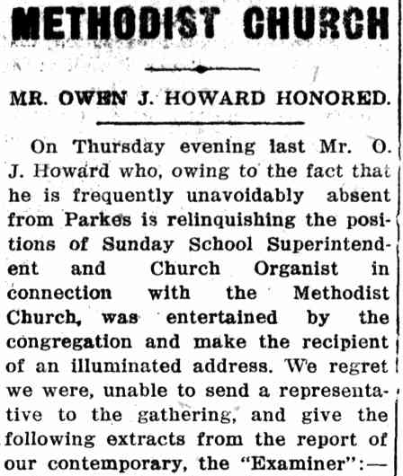 This excerpt from a whole page article details the high esteem that Parkes Methodist Church, and the community at large, held he and his wife in. Source: Western Champion Thursday April 5, 1917 p.13 To read the newspaper report in its entirety click here