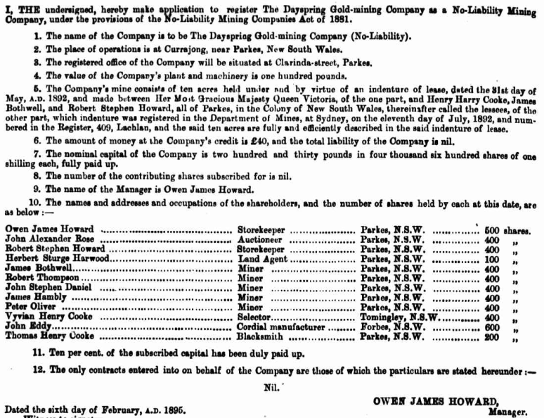 O.J. Howard's application to register The Dayspring Gold-mining Company, listing the shareholders of the company. Source: New South Wales Government Gazette Tuesday February 12, 1895 [Issue No.108] p.968