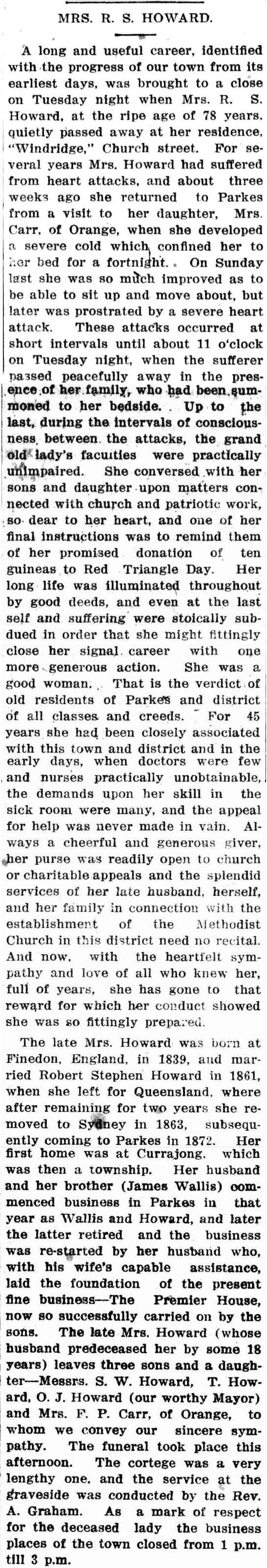 Obituary of Maria Howard, which offers up information and insight into her life and legacy. Source: Western Champion Thursday June 7, 1917 p.17