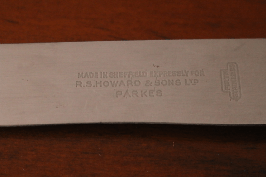 Close up photograph that is part of a personal collection, this knife was made in Sheffield, England specifically for R.S. Howard & Sons Ltd. Source: Brett Miller personal photograph collection posted on Facebook page Parkes In Photos Of Years Gone Past. Used with permission