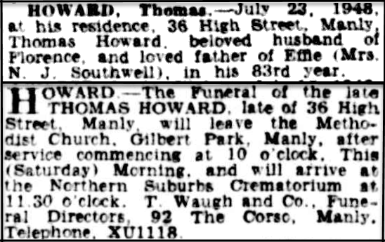 Obituary and funeral notice for Thomas Howard. Source: The Sydney Morning Herald Saturday July 24, 1948 p.28