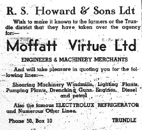 An advertisement for R.S. Howard & Sons Ltd recommending farming equipment to Trundle district. Source: The Trundle Star Friday June 11, 1937 p.7