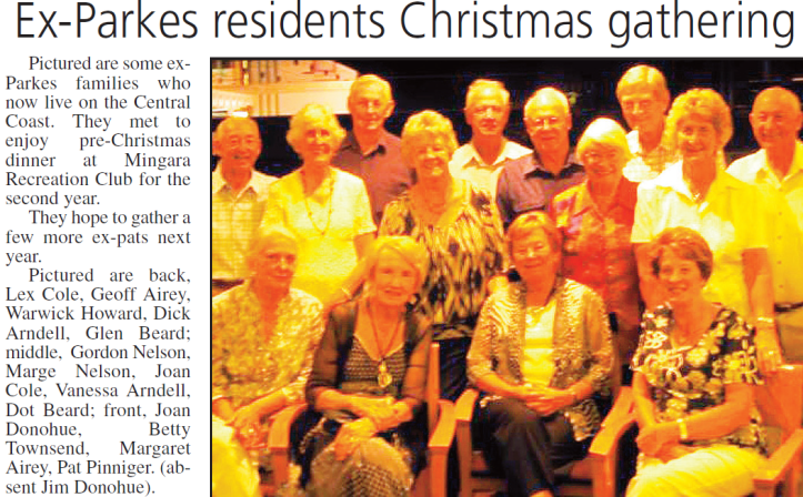 Newspaper report on Parkes ex-pats who gather on the Central Coast to reminisce. Source: Parkes Champion Post Wednesday, January 13, 2010 p.7