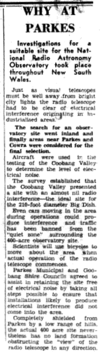 This newspaper report explains why Parkes was the ideal location for a radio astronomy observatory. Source: Parkes Champion Post October 30, 1961, page 13