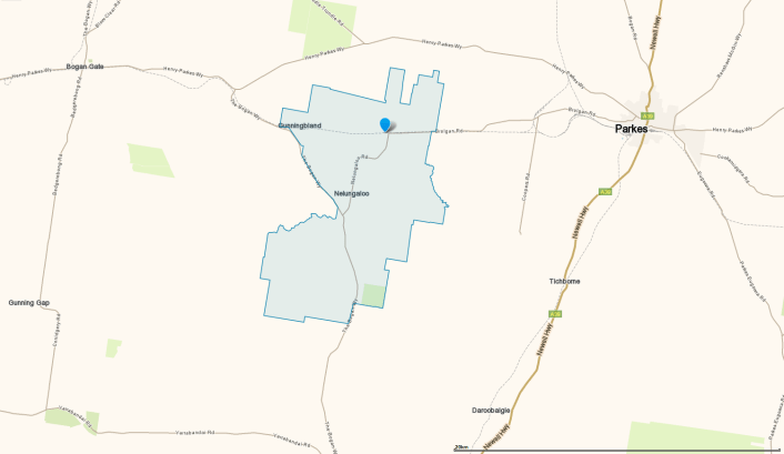 Area map of Nelungaloo, showing its location between Bogan Gate and Parkes. Source: Whereis.com website at https://www.whereis.com/nsw/nelungaloo-2876