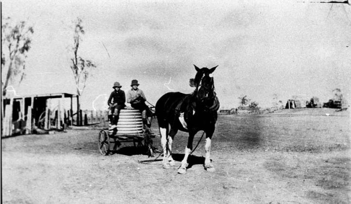 The old fashioned way of carting water during the drought - Nelungaloo, NSW Source: NSW State Library Archives at http://digital.sl.nsw.gov.au/delivery/DeliveryManagerServlet?embedded=true&toolbar=false&dps_pid=IE1693364&_ga=2.69685264.1432411973.1576469181-1853509756.1523252311