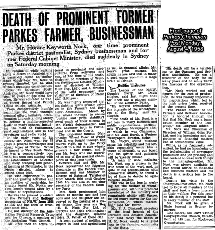 Tribute to Horace Keyworth Nock, former resident and pastoralist of Nelungaloo. Source: Parkes Champion Post Monday, August 4, 1958 p.1 via Parkes Library microfilm